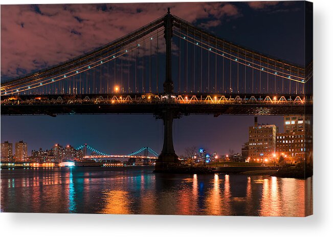 Amazing Brooklyn Bridge Photos Acrylic Print featuring the photograph Manhattan Bridge Framing Williamsburg Bridge by Mitchell R Grosky