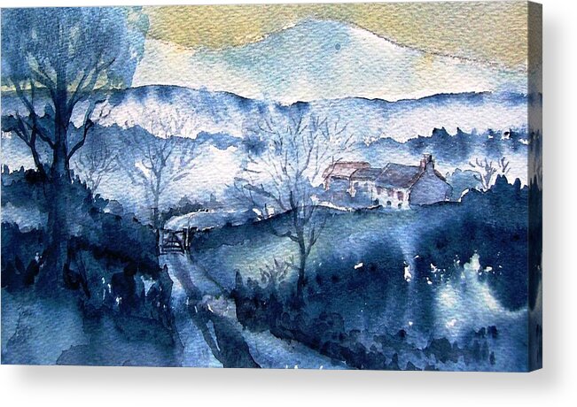 Mist Rising Acrylic Print featuring the painting Mist Rising over Snow in Wicklow Mts Ireland .  by Trudi Doyle