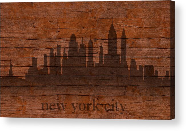 New York City Skyline Silhouette Distressed On Worn Peeling Wood Acrylic Print featuring the mixed media New York City Skyline Silhouette Distressed on Worn Peeling Wood by Design Turnpike