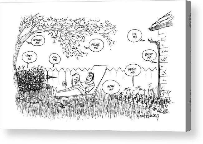 Man Lounging In Back Yard Hears His Tree Acrylic Print featuring the drawing New Yorker August 12th, 1974 by Mort Gerberg