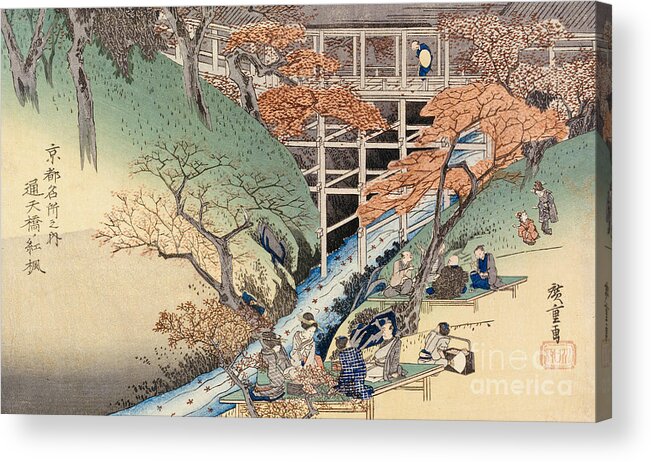 Riverbank Acrylic Print featuring the painting Red Maple Leaves at Tsuten Bridge by Ando Hiroshige