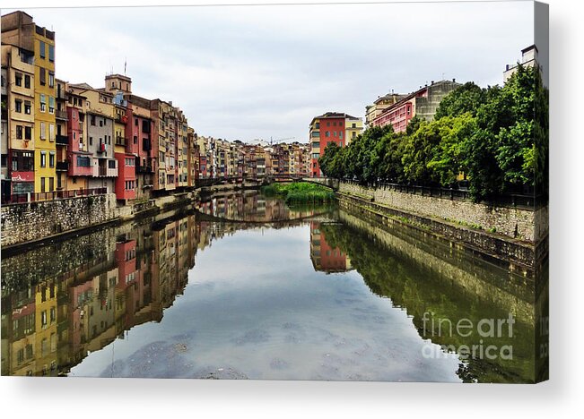 Reflection Acrylic Print featuring the photograph River Reflections in Girona, Spain by Marguerita Tan