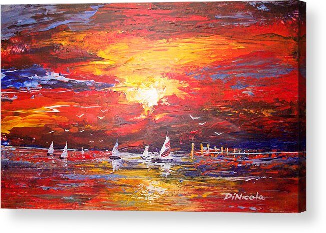Sails Sailing Sunset Seagulls Ocean Water Pier Dock Reflections Pallet Knife Sun Sundown Clouds Acrylic Print featuring the painting Sails at Sunset by Anthony DiNicola