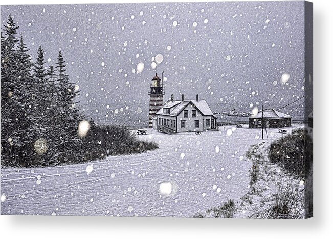 Snowing At West Quoddy Head Lighthouse Acrylic Print featuring the photograph Snowing at West Quoddy Head Lighthouse by Marty Saccone