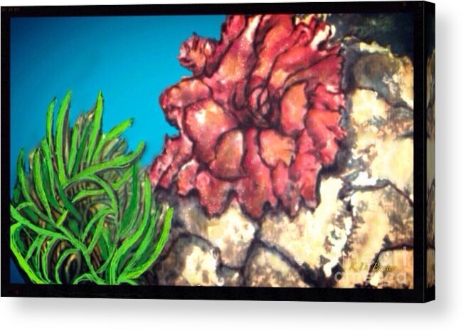 Nature Water Scene Blue Green Golden Orange Coral Sea Anemones Blue Water Taupe Sand Acrylic Print featuring the painting The Odd Couple Two Very Different Sea Anemones Cohabitat by Kimberlee Baxter
