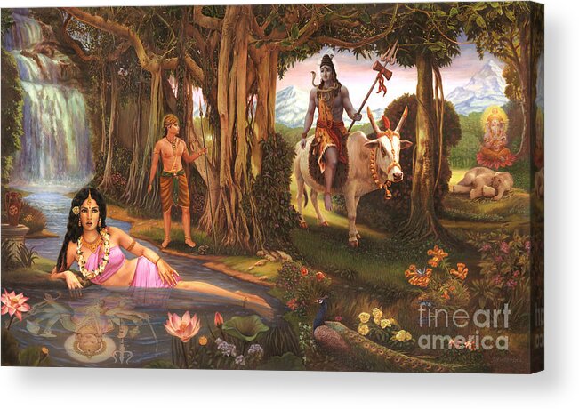 Ganesh Tees Acrylic Print featuring the painting The Story of Ganesha by Vishnudas Art