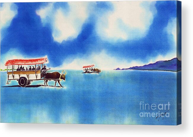 Japan Acrylic Print featuring the painting Yubu island-water buffalo taxi by Hisayo OHTA