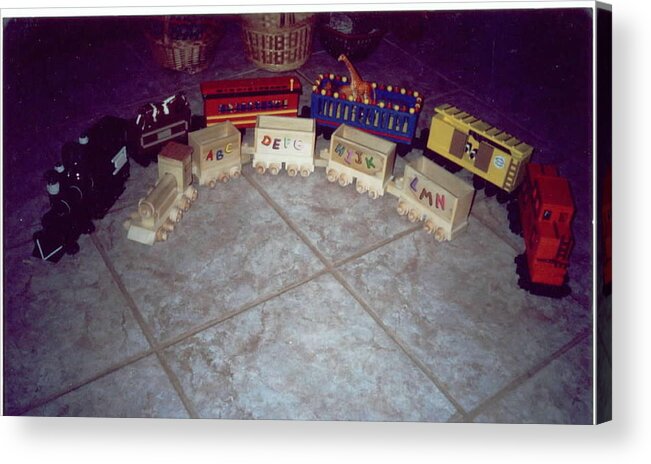 Handmade Wooden Train Sets Acrylic Print featuring the mixed media Trains by Val Oconnor