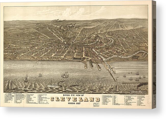 Antique Birds Eye View Map Of Cleveland Acrylic Print featuring the drawing Antique Maps - Old Cartographic maps - Antique Birds Eye View Map of Cleveland, Ohio, 1877 by Studio Grafiikka