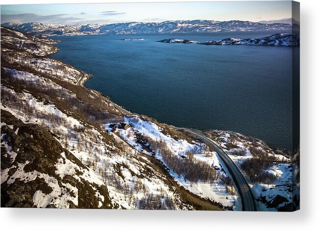 Aroysundet Acrylic Print featuring the photograph Aroysundet Aerial Near Alta Finnmark Norway by Adam Rainoff