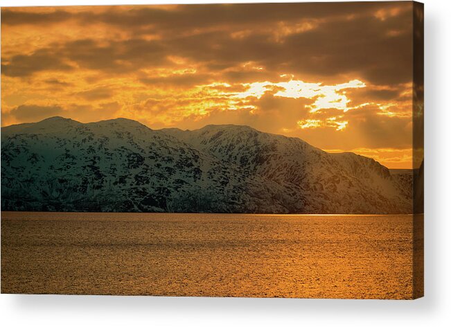 Landscape Acrylic Print featuring the photograph Altafjord Snowy Peaks at Sunset by Adam Rainoff