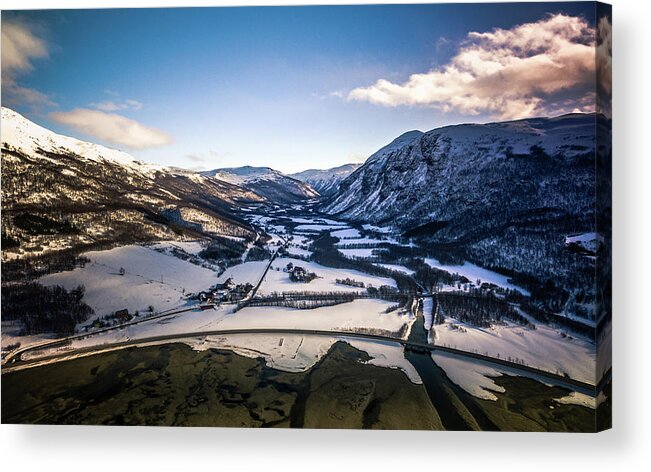 Dji Acrylic Print featuring the photograph Bognelva River and Village at the Langfjorden Aerial Norway by Adam Rainoff