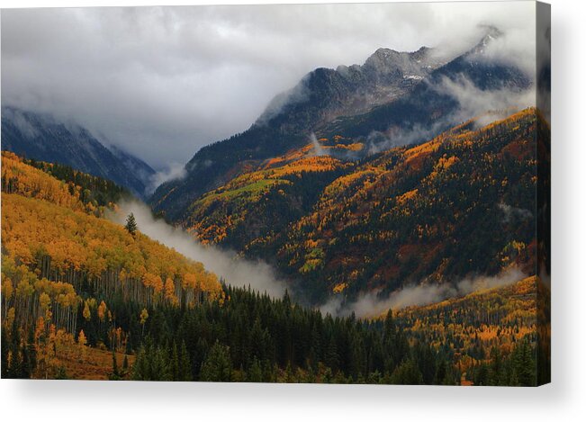 Autumn Acrylic Print featuring the photograph Clouds and fog encompass autumn at McClure Pass in Colorado by Jetson Nguyen