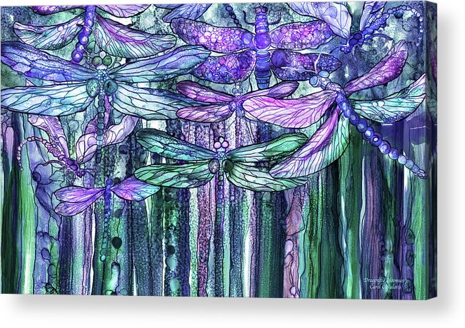 Carol Cavalaris Acrylic Print featuring the mixed media Dragonfly Bloomies 3 - Lavender Teal by Carol Cavalaris