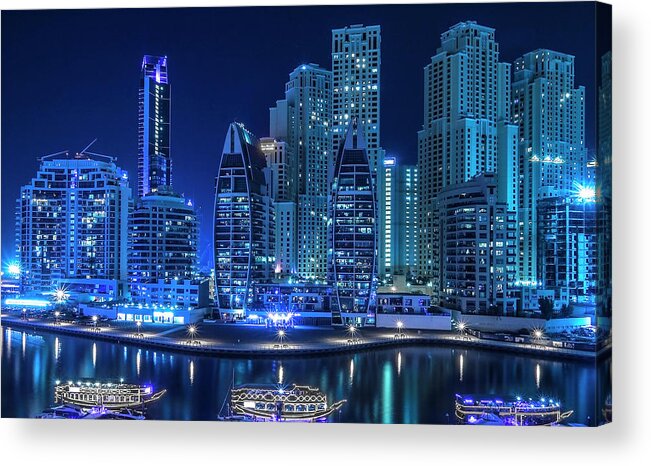 Ian Watts Acrylic Print featuring the photograph Dubai Marina at night by Ian Watts