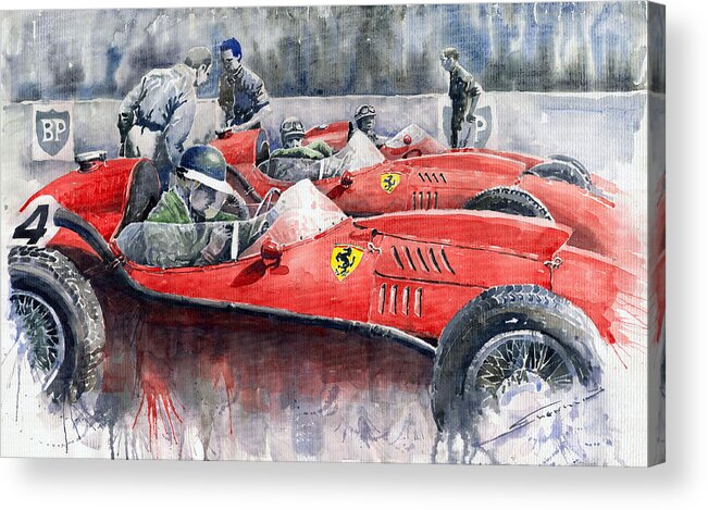 Car Acrylic Print featuring the painting Ferrari Dino 246 F1 1958 Mike Hawthorn French GP by Yuriy Shevchuk