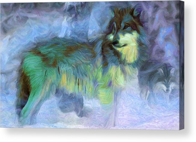 Grey Wolf Acrylic Print featuring the digital art Grey Wolves in Snow by Caito Junqueira