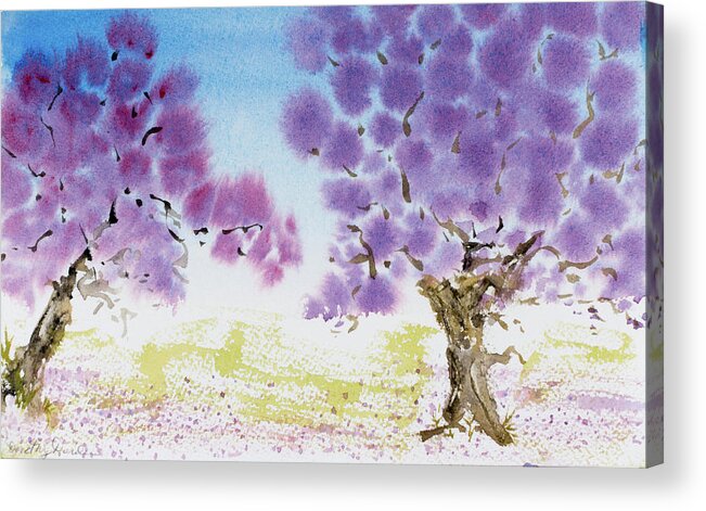 Argentina Acrylic Print featuring the painting Jacaranda trees blooming in Buenos Aires, Argentina by Dorothy Darden