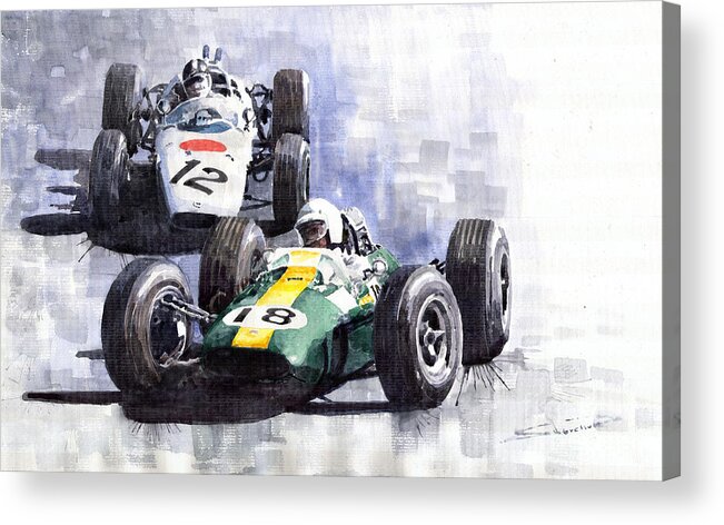 Watercolour Acrylic Print featuring the painting Lotus vs Honda Mexican GP 1965 by Yuriy Shevchuk