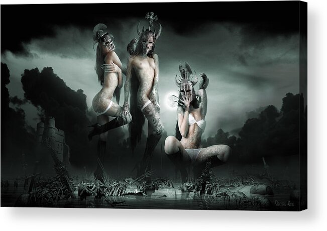 Goth Valkyrie Mythology Medieval History Scandinavian Valkyries Supernatural Gothic Fantasy Landscape Female Creature Evil Killer Warrior Dressed Cadaver Outline Darkness Skull Skeleton Swamp Bones Mire Carcass Artist Digital 3d Photography Matte Painting Computer Acrylic Print featuring the digital art Moonlight Bathing Valkyries by George Grie