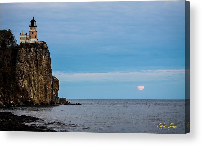 Minnesota Acrylic Print featuring the photograph Moonrise into the Clouds at Split Rock by Rikk Flohr