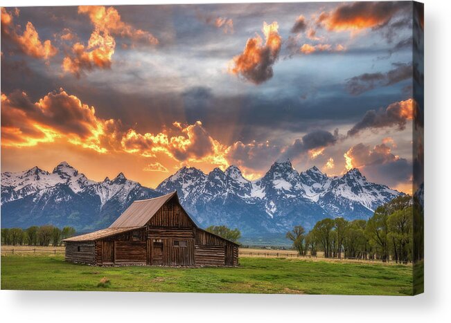 Moulton Barn Acrylic Print featuring the photograph Moulton Barn Sunset Fire by Darren White