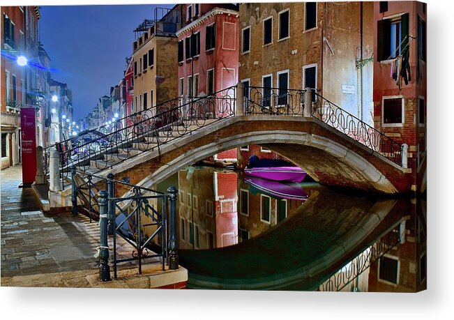 Venice Acrylic Print featuring the photograph Night Bridge in Venice by Frozen in Time Fine Art Photography