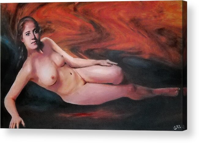 Original Acrylic Print featuring the painting Original Fine Art Female Nude Reclining Background Swirls Of Orange by G Linsenmayer