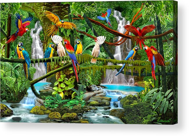 Parrots Acrylic Print featuring the digital art Parrots in Paradise by Glenn Holbrook