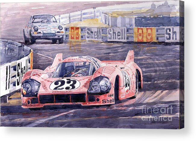 Watercolor Acrylic Print featuring the painting Porsche 917-20 Pink Pig Le Mans 1971 Joest Reinhold by Yuriy Shevchuk