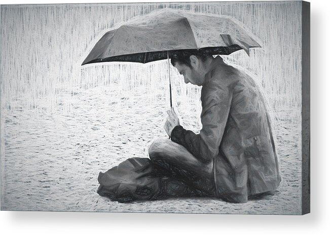 Man Acrylic Print featuring the photograph Reading in the Rain - Umbrella by Nikolyn McDonald