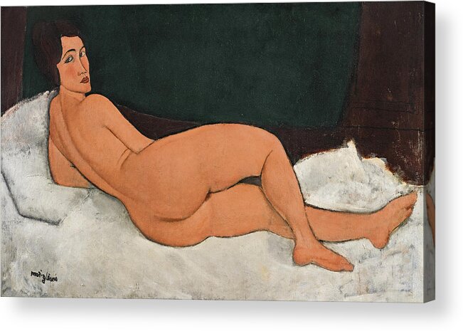 Amedeo Modigliani Acrylic Print featuring the painting Reclining Nude on the left side by Amedeo Modigliani
