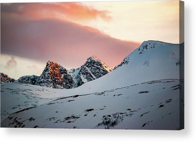 Landscape Acrylic Print featuring the photograph Snow Peaks Near Rotsund at Sunset by Adam Rainoff
