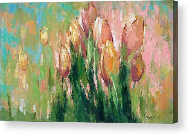 Tulips In The Grass Acrylic Print featuring the painting Spring in unison by Anastasija Kraineva