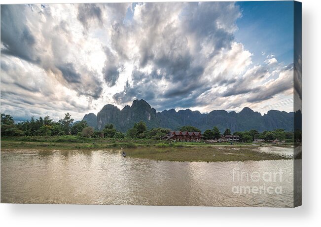 Vang Vieng Acrylic Print featuring the photograph Sunset over Vang Vieng river in Laos by Didier Marti