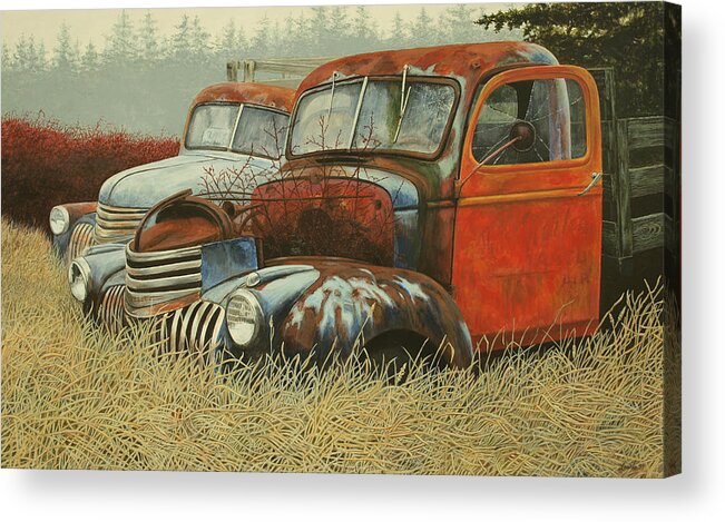 Wally Bill Trucks Old Chevrolet Garage Shop Truck Port Townsend Washington Northwest Pacific Acrylic Print featuring the painting Wally and Bill by Laurie Stewart
