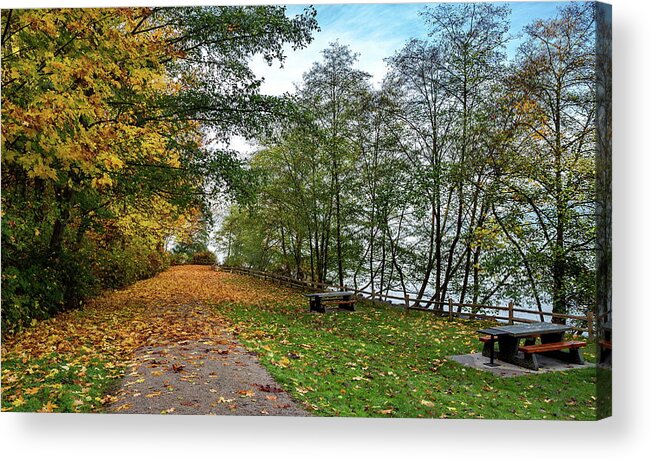 Alex Lyubar Acrylic Print featuring the photograph Autumn landscape with picnic area by Alex Lyubar