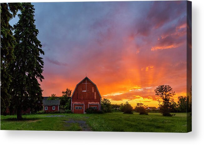 Red Barn At Sunset Acrylic Print featuring the photograph Barn at sunset by Mark Papke
