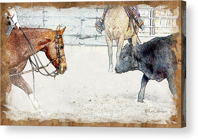 Horse Acrylic Print featuring the mixed media Cutting Horse At Work by Kae Cheatham