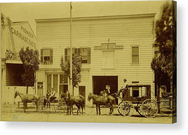 Cowboys Acrylic Print featuring the painting Mud Wagon/ Stagecoach In Front Of The Downing Livery Stable, Next To The Pioneer Carriage Factory by 