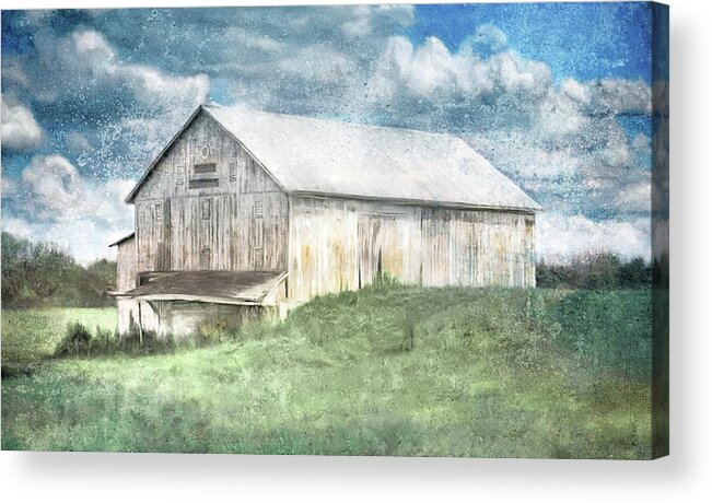 Old White Barn And Blue Sky Acrylic Print featuring the painting Old White Barn And Blue Sky by Katrina Jones