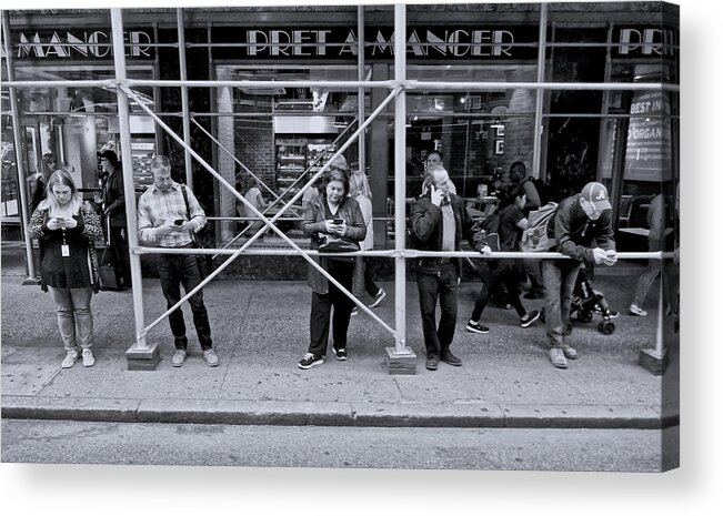 B&w Photograph Of New York City Of New York City People Talking On Their Cell Phones Waiting For A Bus.. Horizontal Cityscape Acrylic Print featuring the photograph Phone Alone by Joan Reese