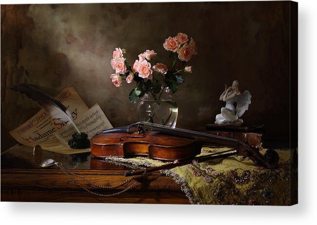 Music Acrylic Print featuring the photograph Still Life With Violin And Roses by Andrey Morozov
