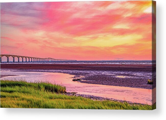 Pei Acrylic Print featuring the photograph Summer Sunset at Confederation Bridge, Painterly by Marcy Wielfaert