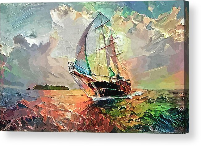 Tall Ship Acrylic Print featuring the photograph Tall Ship Sails Toward Shore Abstract Painted Digitally by Sandi OReilly