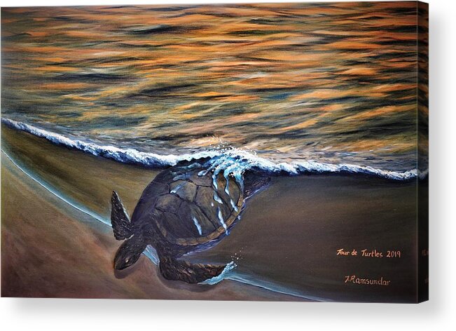 Sea Acrylic Print featuring the painting Turtle Coming Ashore by Torrence Ramsundar