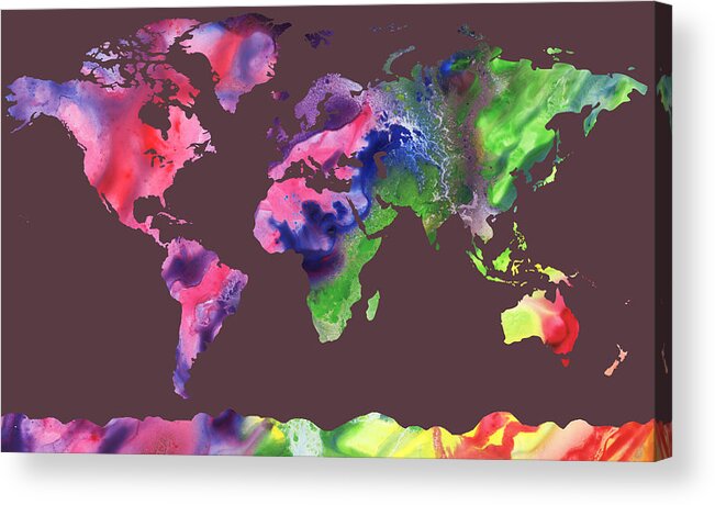 Purple Acrylic Print featuring the painting Watercolor Silhouette World Map Colorful PNG XI by Irina Sztukowski