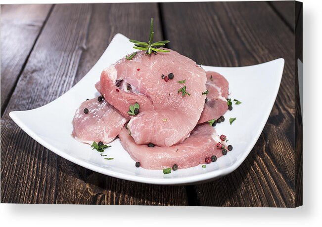 Serving Size Acrylic Print featuring the photograph Raw Schnitzel on a plate #1 by HandmadePictures