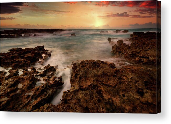 Sea Ocean Sun Light Clouds Landscape Seascape Rock Bahamas Longexposure Horizon Colors Acrylic Print featuring the photograph Sea Break #1 by Montez Kerr