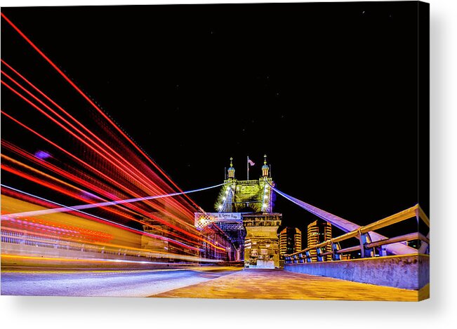 Town Acrylic Print featuring the photograph A Party Bus Crosses the Roebling Bridge Cincinnati Ohio by Dave Morgan